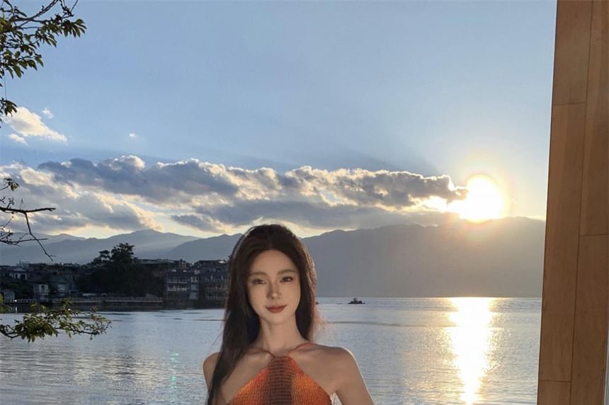 Dye Tie Maxi A-Line Halter Neck Back Dress Smocked Open