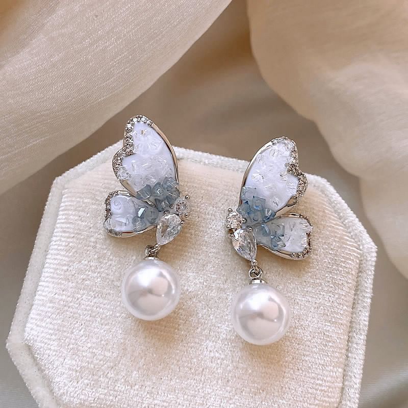 Crystal Butterfly Faux Earring Pearl Alloy Drop