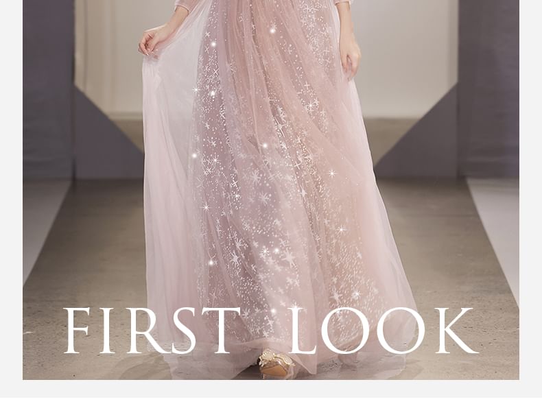 Gown Evening Long-Sleeve Mesh V-Neck Sequin A-Line