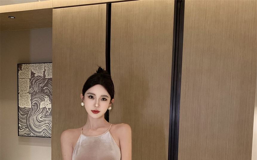 Velvet Maxi Dress Halter A-Line Neck