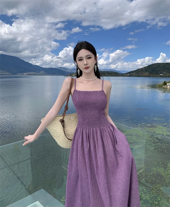 Plain Dress A-Line Spaghetti Strap Midi