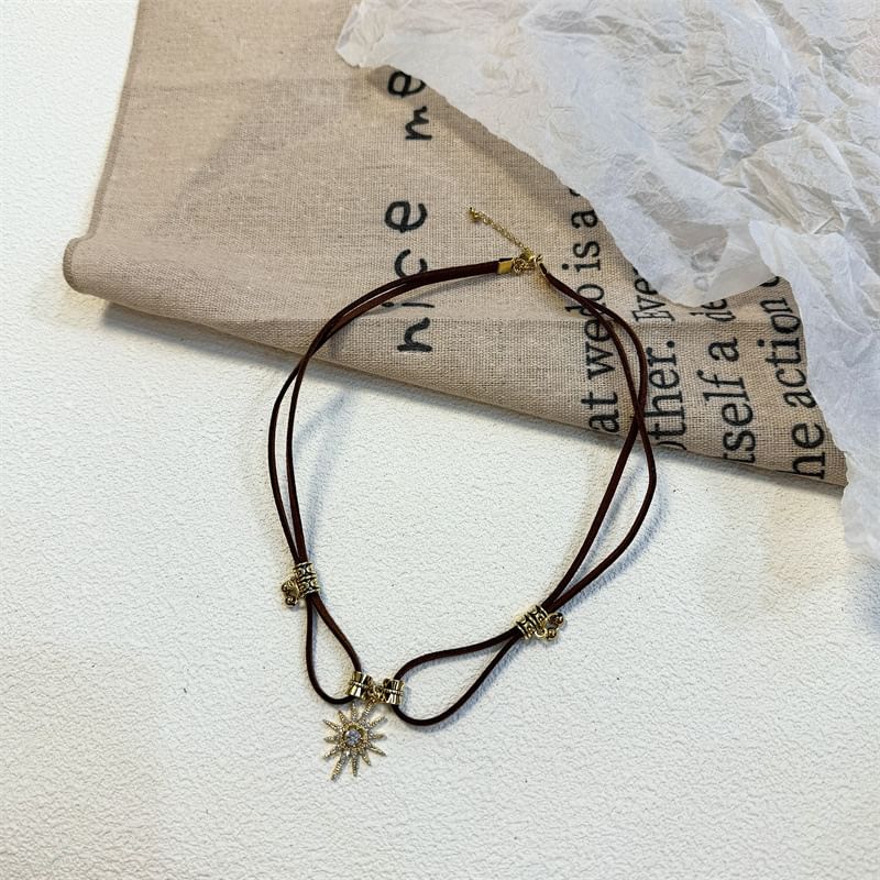 Sun Necklace Leather Pendant Faux Rhinestone