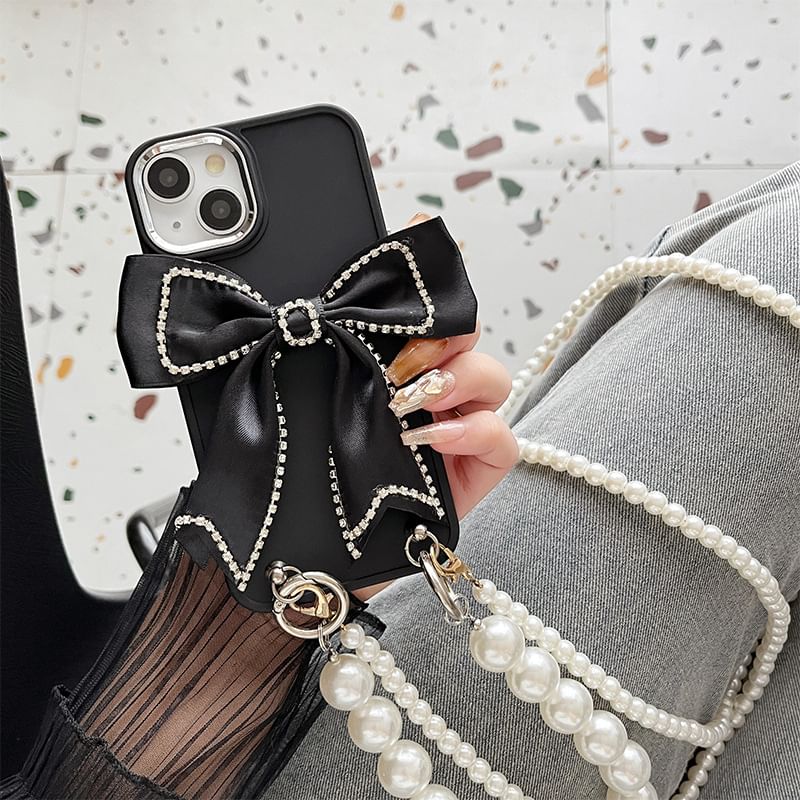 Lanyard Pearl Bow Case Faux Phone