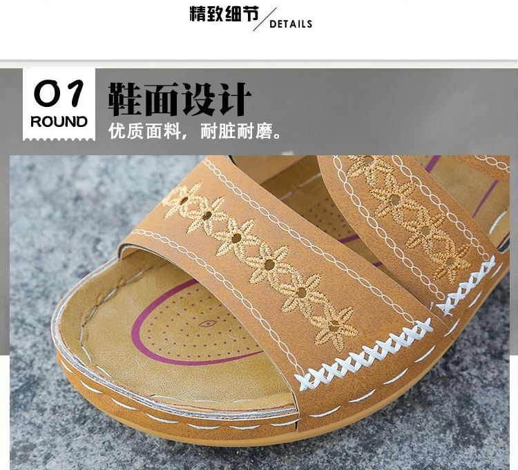 Platform Slide Sandals Wedge Embroidered Flower