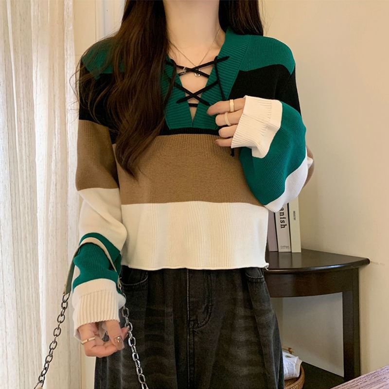 Sweater Block Lace-Up Color V-Neck