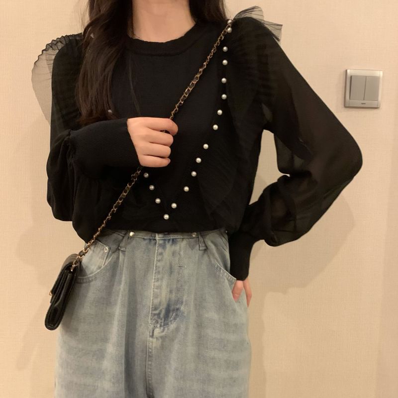 Top Plain Faux Long-Sleeve Neck Trim Ruffle Crew Knit Pearl