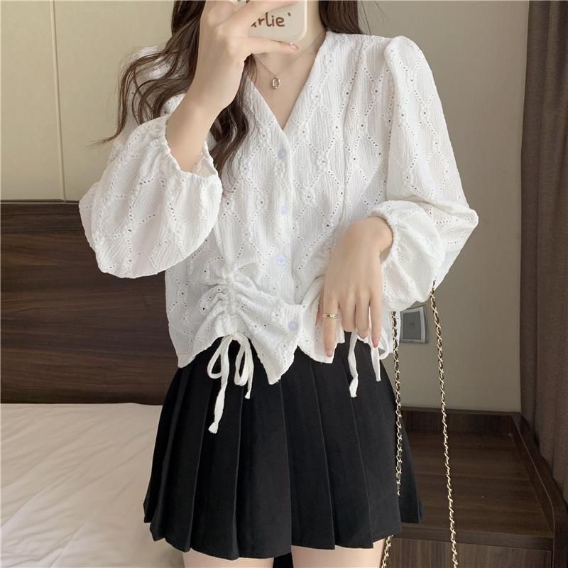 Drawstring Blouse Eyelet Long-Sleeve V-Neck Plain