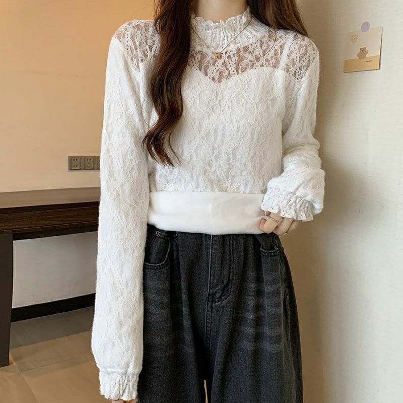 Long-Sleeve Mock Top Lace Plain Neck