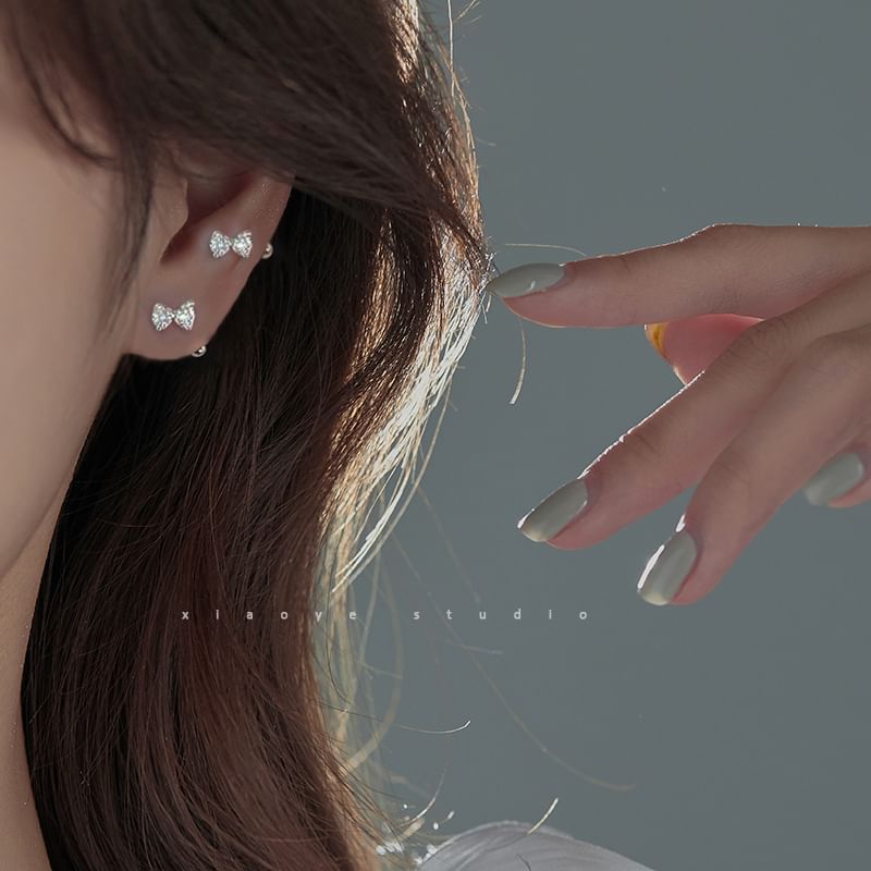 Sterling Barbell Earring Bow Rhinestone Silver