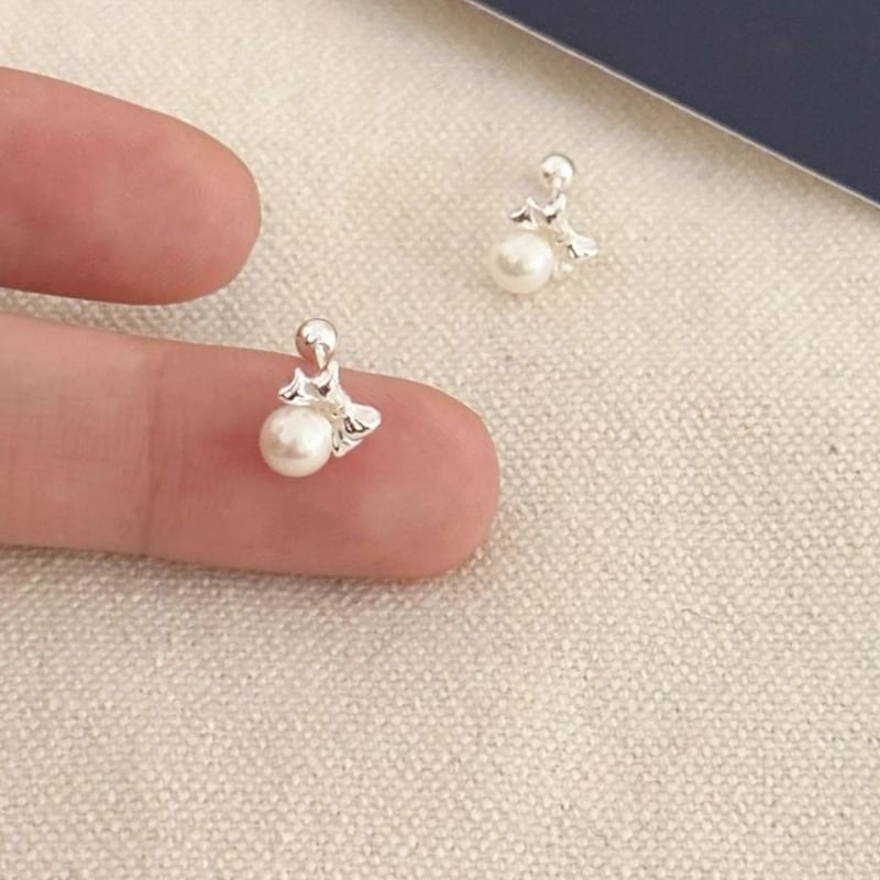 Pearl Barbell Earring Bow Sterling Faux Silver