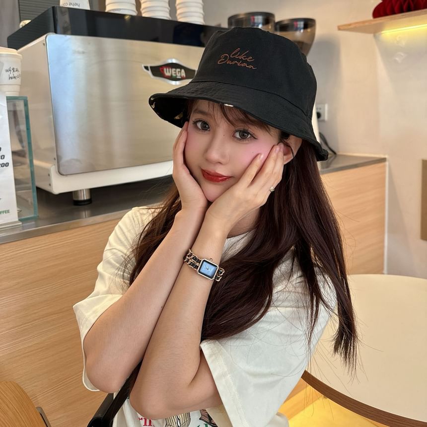 Lettering Hat Bucket Embroidered Reversible