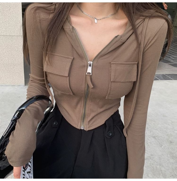 Plain Crop Slim Hoodie Zip-Up Fit