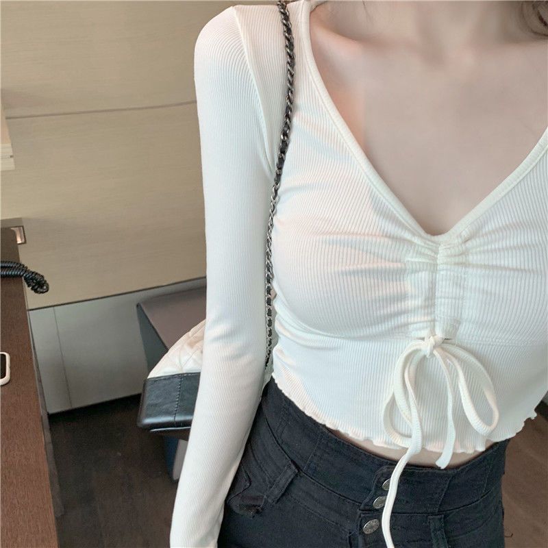 V-Neck Crop T-Shirt Long-Sleeve Drawstring Plain