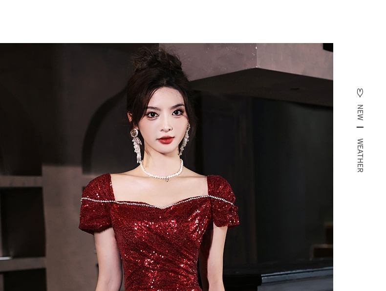 Evening Slit Short-Sleeve Sequin Gown Neck Square Plain A-Line