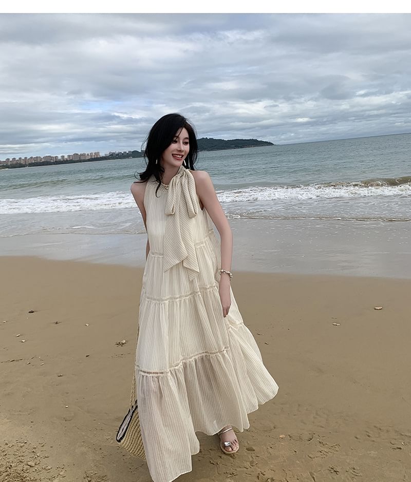 Crewneck Sleeveless Midi Dress A-Line Plain