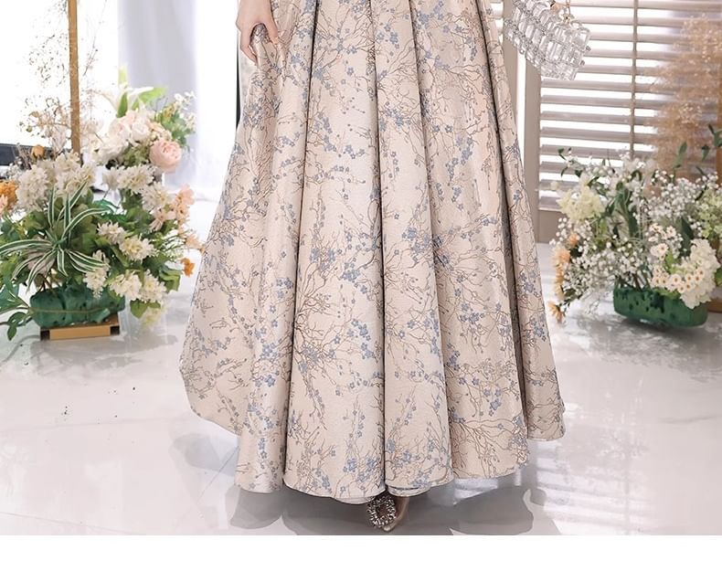Floral A-Line Puff-Sleeve Gown Evening
