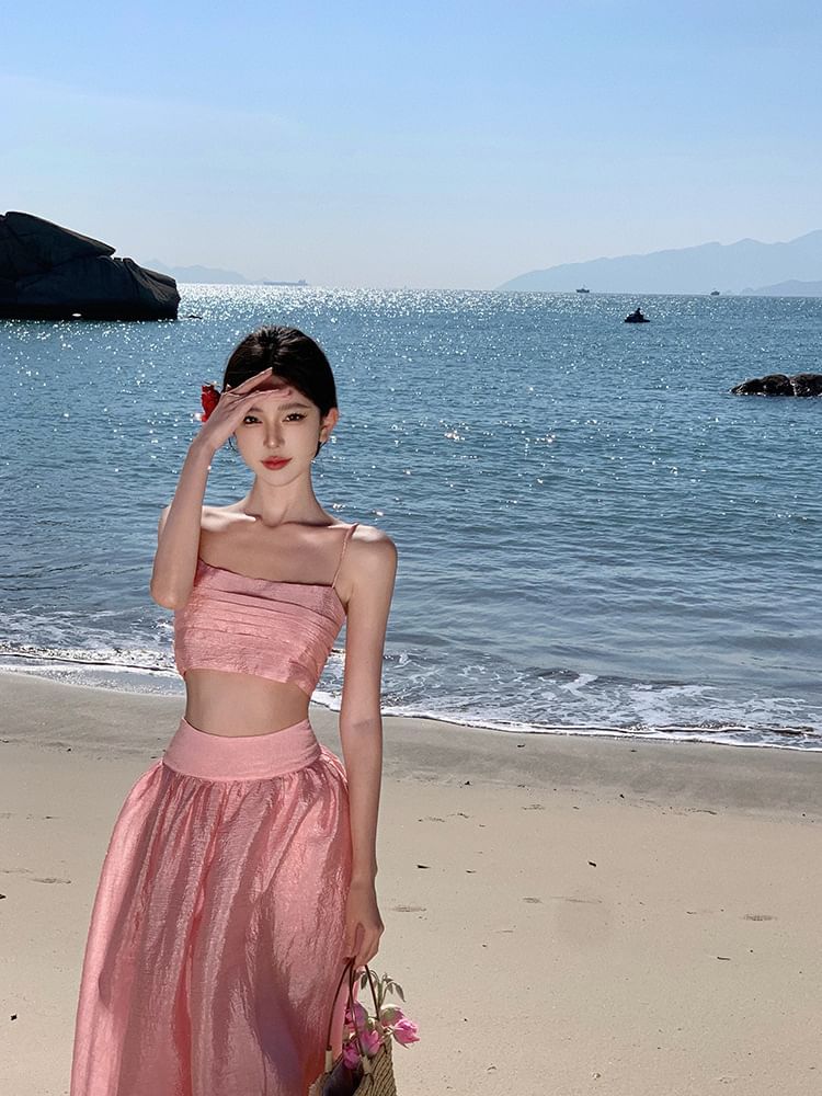 Top Crop Waist Set: + Camisole Plain High Maxi Skirt