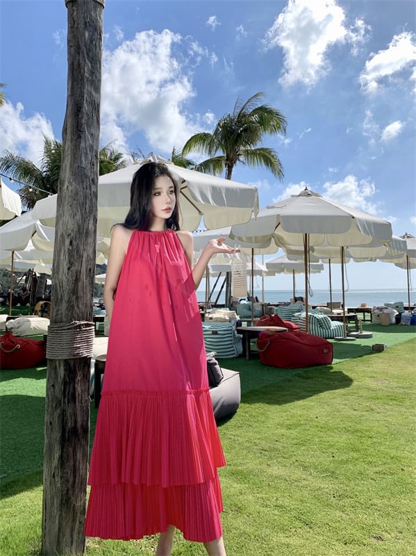 Plain Dress Tiered Midi Sleeveless