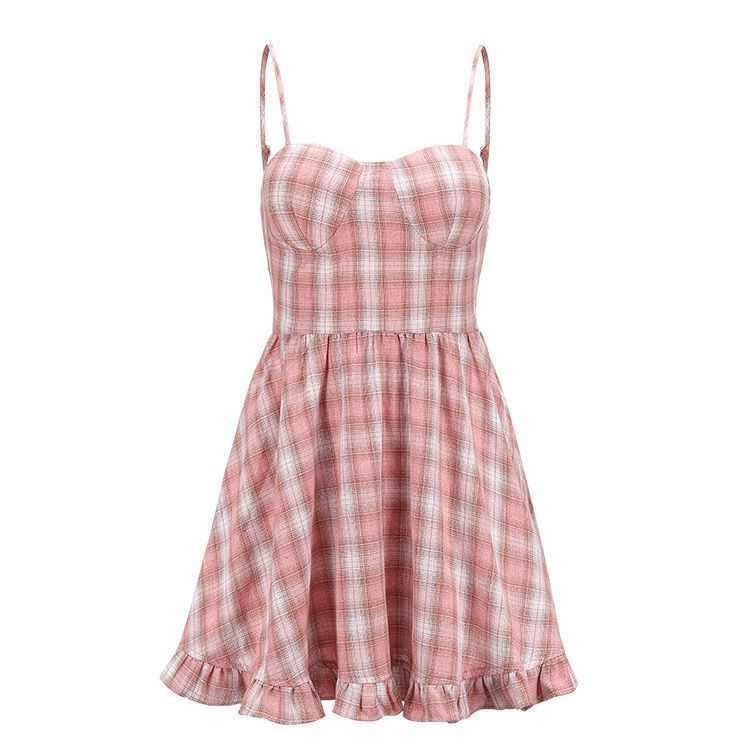 Mini Plaid Strap A-Line Ruffle Spaghetti Dress
