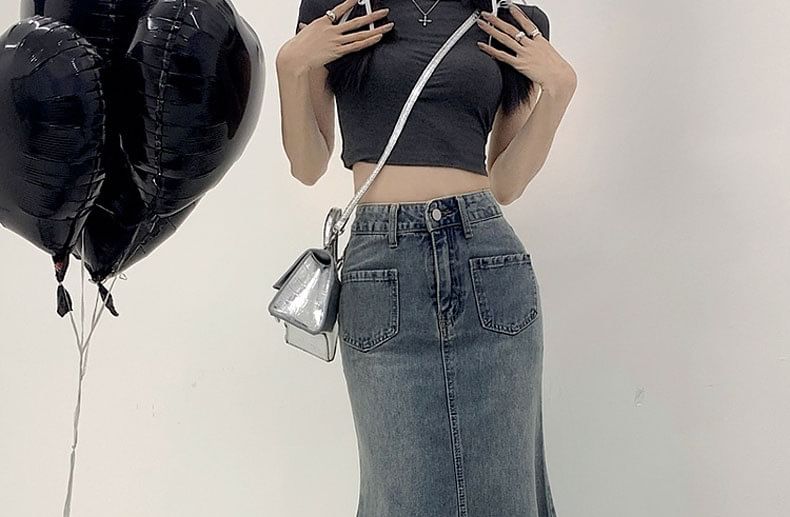 Mermaid High Waist Denim Skirt Washed Fray Midi