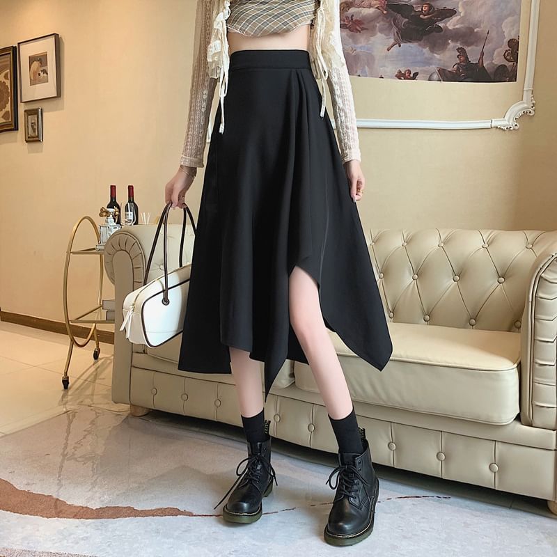 Asymmetrical Skirt Elastic Midi Plain A-Line Waist