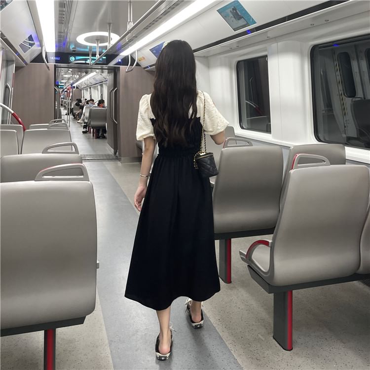 Mock A-Line Dress Two Piece Puff Ruched Sleeve V-Neck Midi