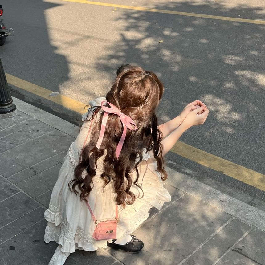 Dress Mini Sleeve Embroidered Neck A-Line Ruffle Bow Cap Round