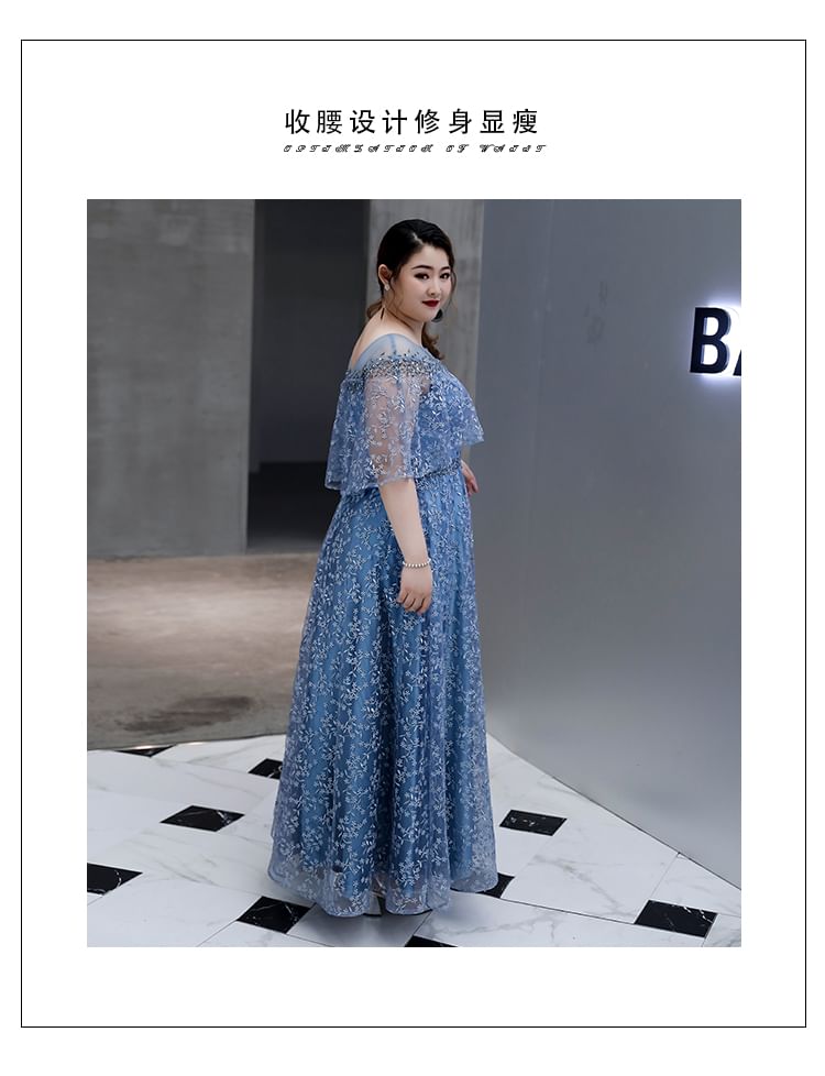 A-Line Floral Gown Plus Size Mesh Evening Elbow-Sleeve
