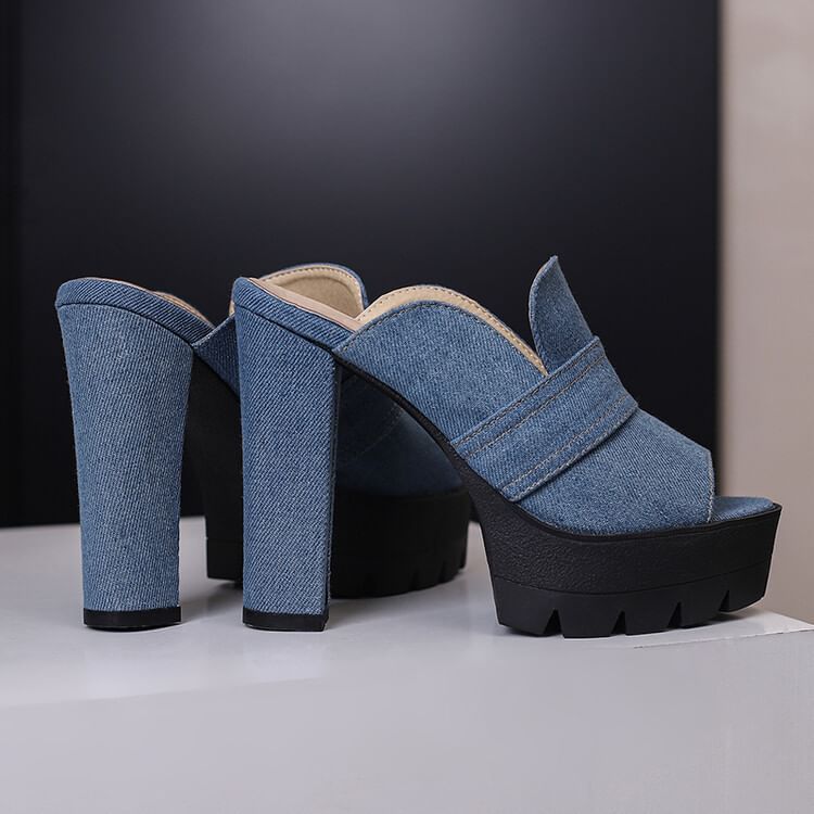 Heel Sandals Washed Chunky Denim