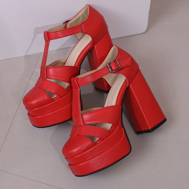 Plain Chunky Sandals Leather Faux Buckled Heel