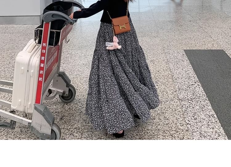 Elastic A-Line Floral Midi Waist Skirt