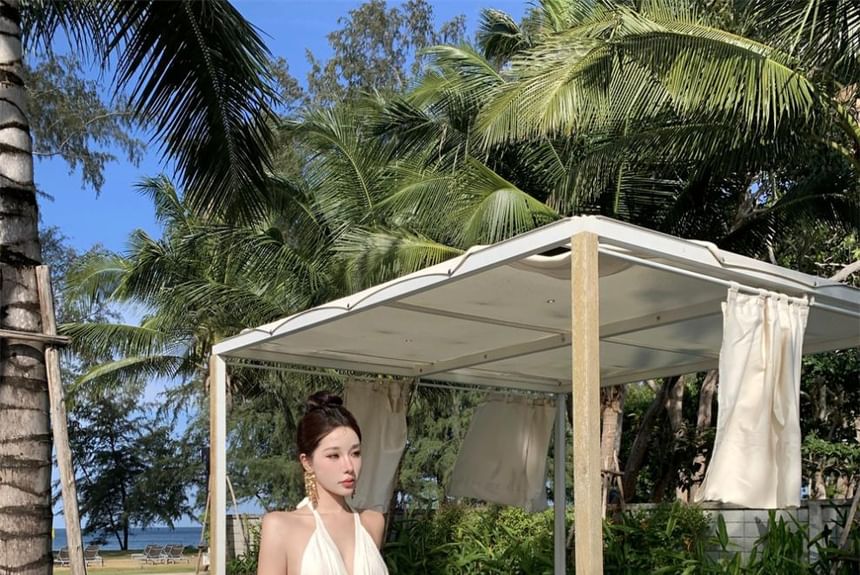 Plain A-Line Dress Halter V-Neck Maxi