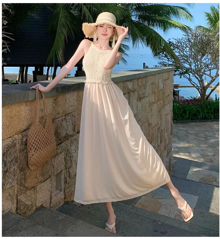Dress Panel A-Line Plain Spaghetti Strap Knit Maxi
