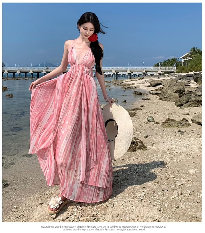 Patterned A-Line Strap Maxi V-Neck Spaghetti Dress