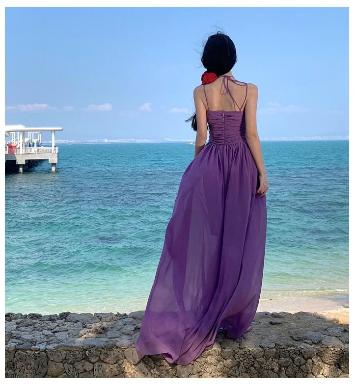 Neck Spaghetti A-Line Plain Dress Maxi Scoop Strap