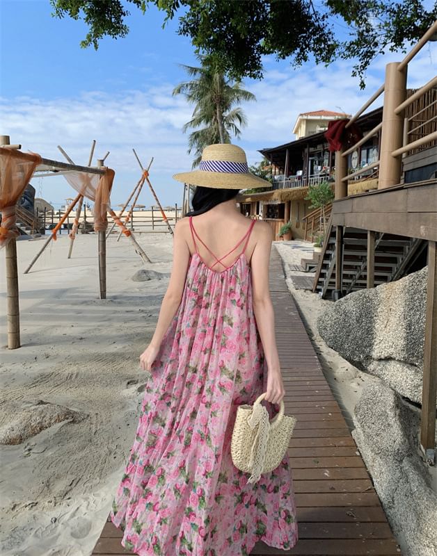 Neck Spaghetti Floral A-Line Dress Scoop Maxi Strap