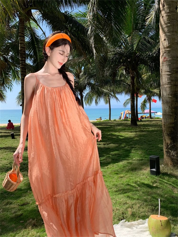 Neck A-Line Spaghetti Strap Scoop Plain Maxi Dress