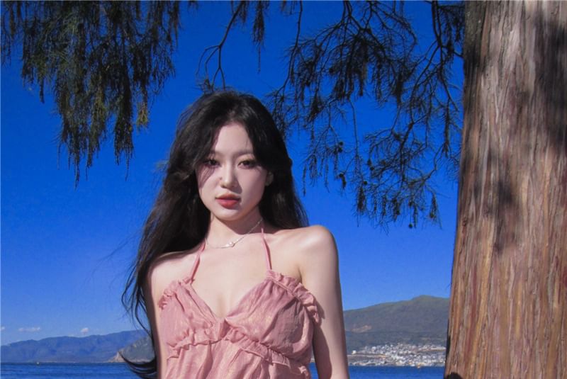 A-Line V-Neck Dress Plain Trim Maxi Halter Ruffle