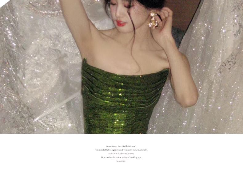 Mermaid Ruched Strapless Evening Slit Sequin Gown Trained