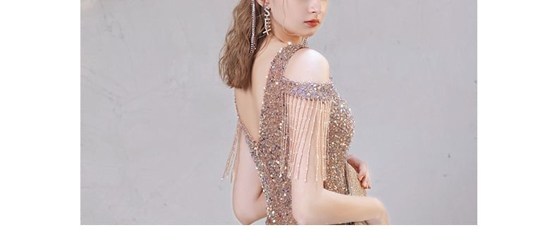 Sequin Trumpet Fringe Sleeve Beaded Shoulder Evening Cap Dress Cold