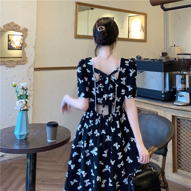 A-Line Dress Back Square Panel Short-Sleeve Tie Midi Neck Bow Print