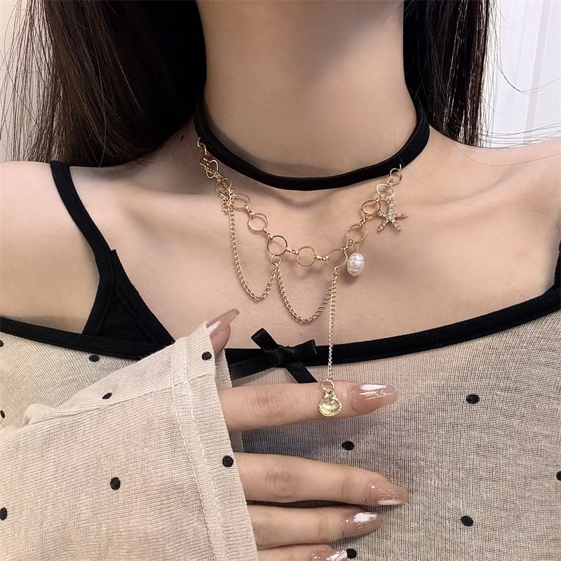 Faux Pearl Shell Chain Thigh Starfish Layered