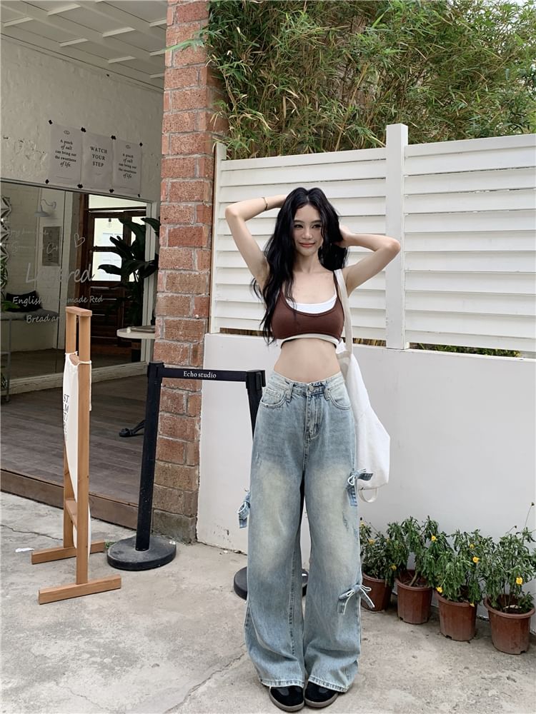 Leg Mid Bow Washed Wide Waist Jeans