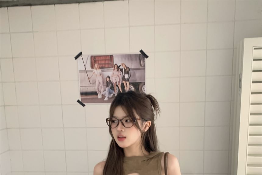 Faux Cutout Pencil / Round Sleeveless Waist Neck Leather Skirt Top Mini Mid