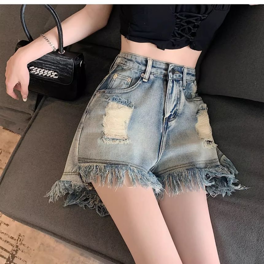 High Denim Waist Distressed Washed Fringe Shorts