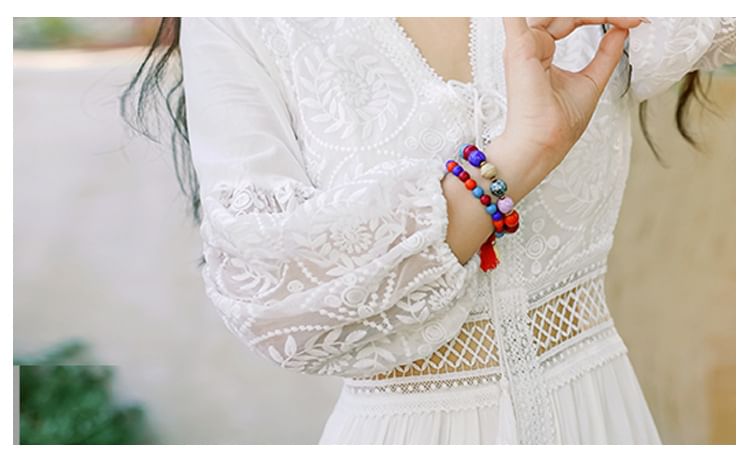 Puff-Sleeve V-Neck Maxi Dress Plain Lace A-Line Trim