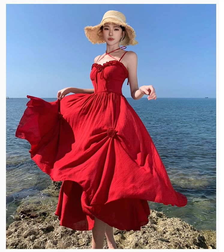 Sundress Strap Maxi Spaghetti Flower Plain Detail Ruffle