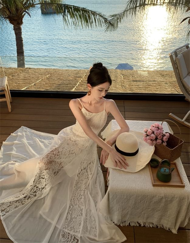 Maxi Open Back Spaghetti Plain Lace Sundress Strap Panel