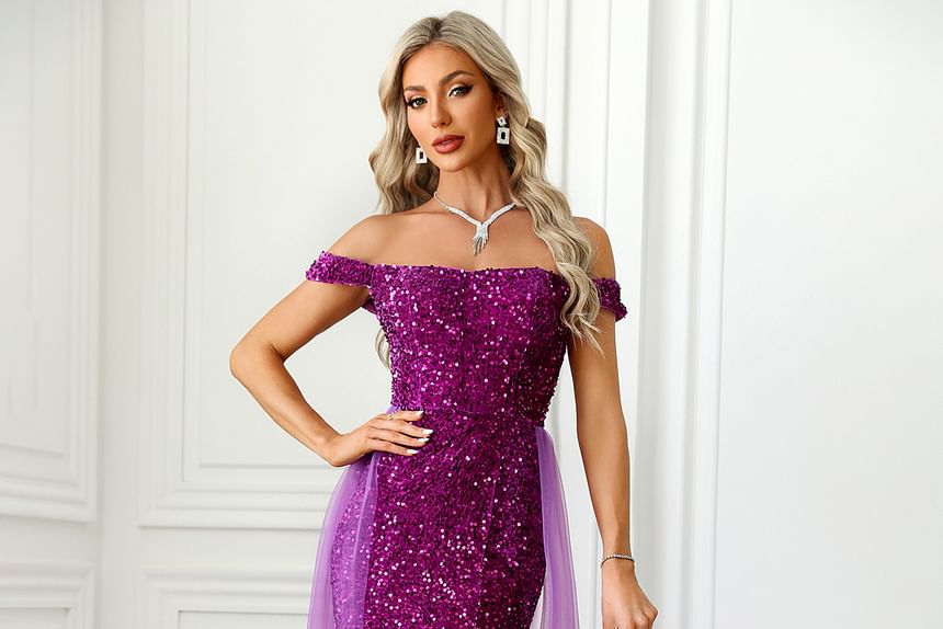 Evening Gown Sequined Mermaid Off-Shoulder Panel Mesh