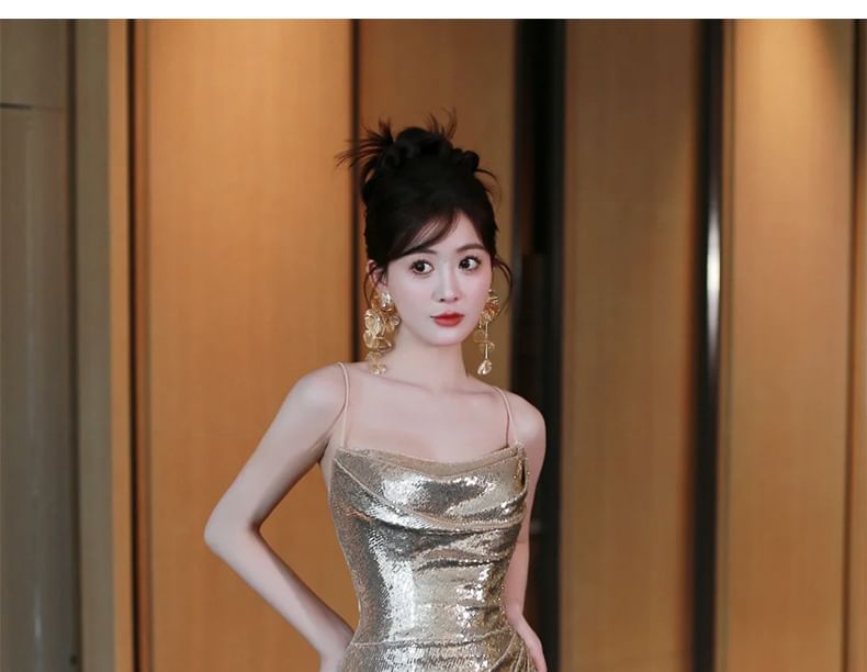 Plain Evening Spaghetti Metallic Sequin Ruched Trumpet Gown Strap